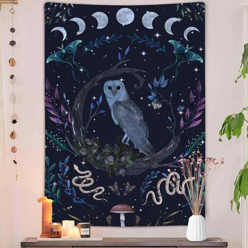 タペストリー 魔女 フクロウ サイケデリック 幻想的な蛾 蛇 花 葉 キノコ 月 タロットカード ダーク クール ウォールデコレーション リビング 寝室 インテリア おしゃれ ポリエステル 洗濯OK
