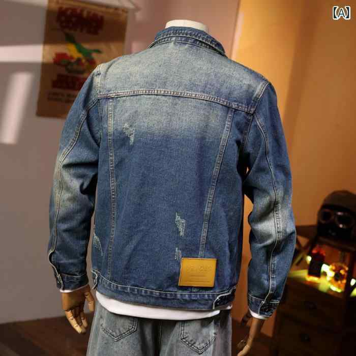ジャケット メンズ 春秋 耐摩耗性 レトロ ユーズド ウォッシュ加工 ワークジャケット ゆったり オーバーサイズ ビッグシルエット 綿 コットン 長袖 襟付き ストリート カジュアル デイリーユース ライトアウター レトロブルー