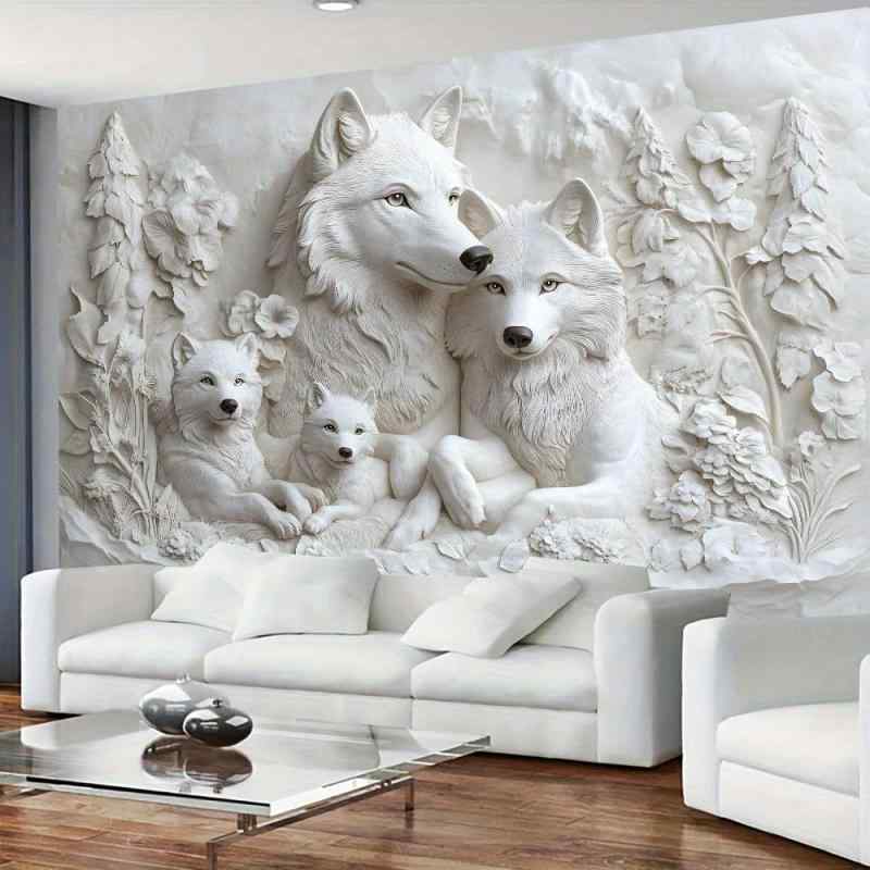 タペストリー 3Dプリント 白いオオカミ家族 浮き彫り ウルフ 冬 壁掛け 幻想的な野生動物 北欧風 ポリエステル素材 リビング 寝室 書斎 ウォールアート インテリア 背景布 装飾