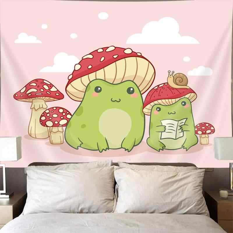 タペストリー かわいい カエル キノコ カタツムリ ピンク 北欧風 壁掛け ウォールデコ 寝室 リビング 子供部屋 インテリア 洗える ポリエステル デジタルプリント