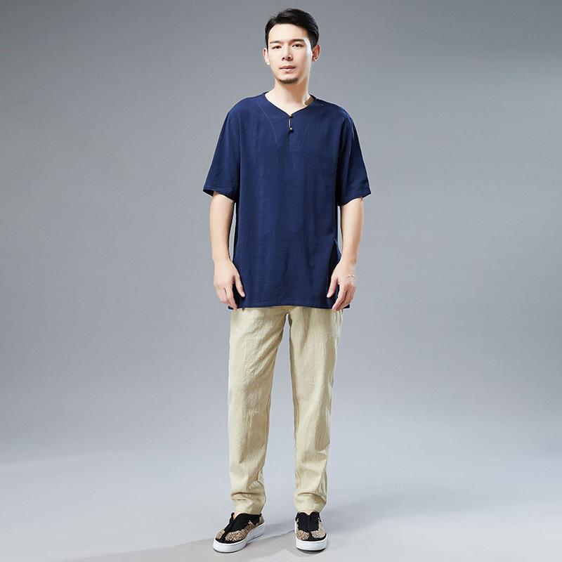 Tシャツ メンズ 半袖 砂洗いコットン 2つ銅ボタン Vネック プルオーバー 無地 カジュアル ゆったり リ..