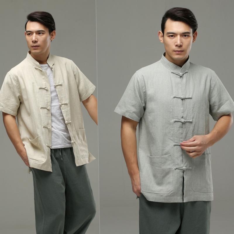 シャツ メンズ 春夏 麻混 リネン混 スタンドカラー 半袖 チャイナ風 民族風 エスニック 対襟 盤扣 無地 ゆったり カジュアル 通気性抜群 トップス