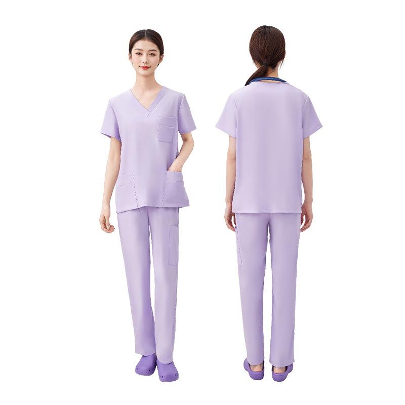 スクラブ 男女兼用 ユニセックス 吸汗速乾 Vネック 半袖 無地 ポリエステル 医療用制服 医療着 手術衣 ..