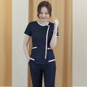 ユニフォーム レディース 業務用 韓国風 美容師 スパ アートメイク ネイリスト 美容外科 看護師 パンツ 吸汗速乾 半袖 ラウンドネック ポリエステル(x2)