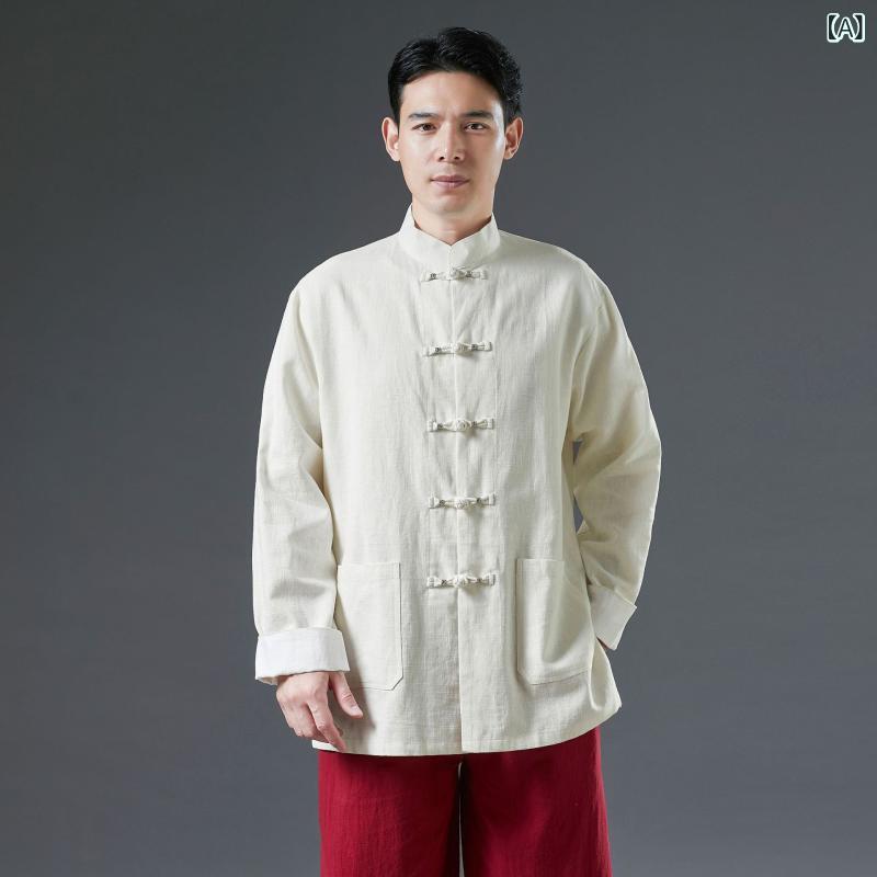 唐装 メンズ 接触冷感 苧麻混紡 ゆったり カジュアル レトロ チャイナ風 盤ボタン シルバーボタン 対襟 ロールアップ袖 ポケット付き 吸湿速乾 通気性 普段着 部屋着 トップス ホワイト ブラック ブラウン ブルー 父の日 春夏秋冬