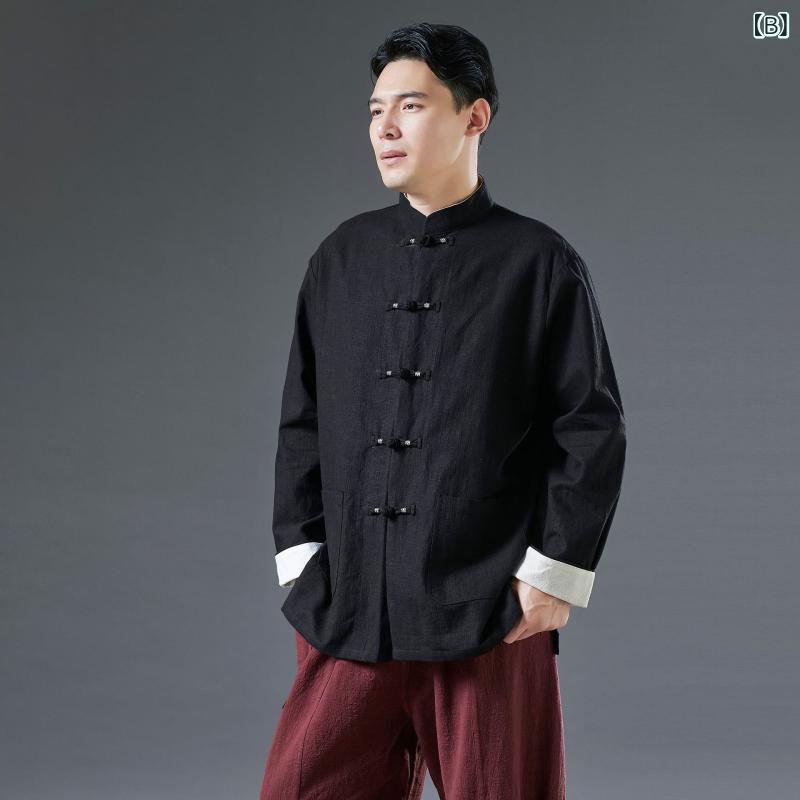 唐装 メンズ 接触冷感 苧麻混紡 ゆったり カジュアル レトロ チャイナ風 盤ボタン シルバーボタン 対襟 ロールアップ袖 ポケット付き 吸湿速乾 通気性 普段着 部屋着 トップス ホワイト ブラック ブラウン ブルー 父の日 春夏秋冬