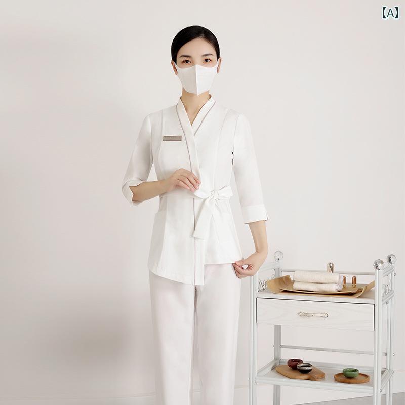 吸汗速乾 ユニフォーム レディース 韓国式 美容師 エステティシャン 作業服 制服 セットアップ 春夏 高級 美容サロン エステ クリニック 技師服 スキンケア Vネック 半袖 ホワイト ポリエステル ロングパンツ(x2)