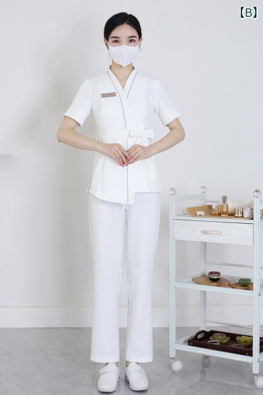 吸汗速乾 ユニフォーム レディース 韓国式 美容師 エステティシャン 作業服 制服 セットアップ 春夏 高級 美容サロン エステ クリニック 技師服 スキンケア Vネック 半袖 ホワイト ポリエステル ロングパンツ(x2)