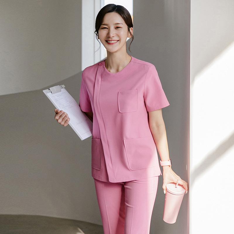医療用 スクラブ レディース 吸湿速乾 ポリエステル素材 医師 看護師 歯科 美容院 ユニフォーム 手術着 隔離服 半袖 ピンク グレー ミントグリーン セット(x2)