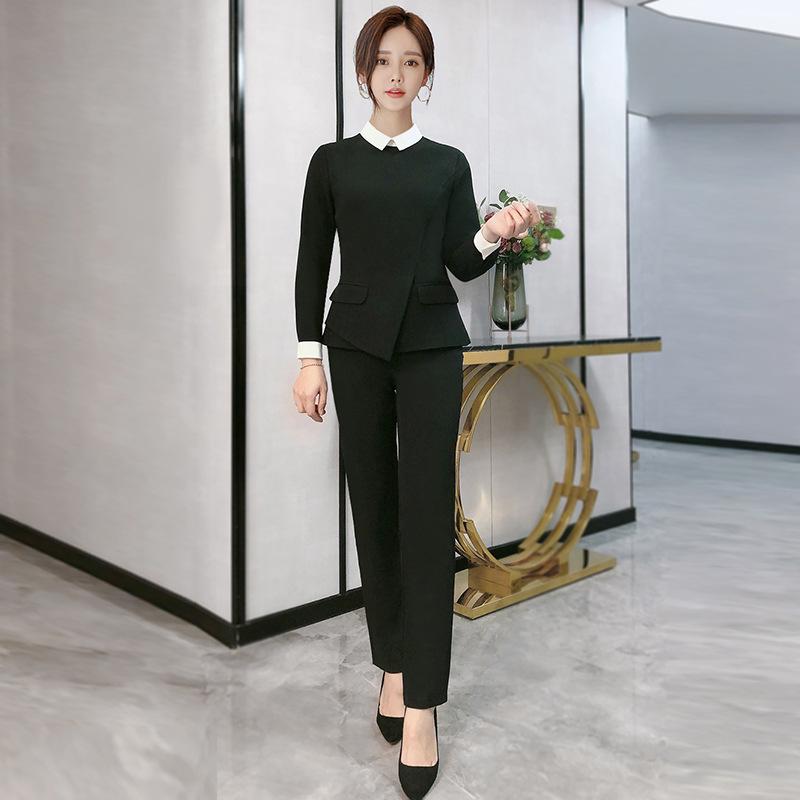 スーツ レディース 吸湿速乾 医療事務 受付 事務服 オフィス ビジネス ユニフォーム 営業 パンツスーツ ポリエステル素材 韓国風 春秋 ブラック ネイビー(...