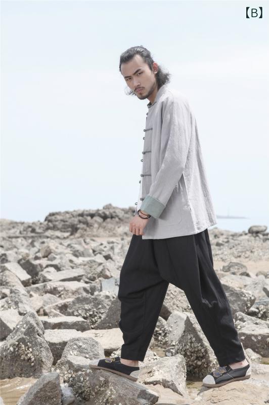 シャツ メンズ スタンドカラー 立ち襟 前合わせ 羽織り 盤扣 チャイナボタン 切り替え 配色 バイカラー 綿麻 コットンリネン 長袖 ロールアップスリーブ 唐装 中華風 カジュアル 普段着 部屋着 ミドル世代 秋冬