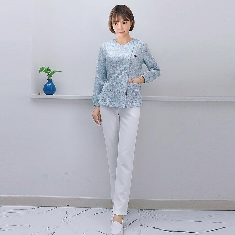 ナース服 レディース 秋冬用 吸湿速乾 ポリエステル 上下セット 長袖 半袖 七分袖 ブルー 小花柄 医療..