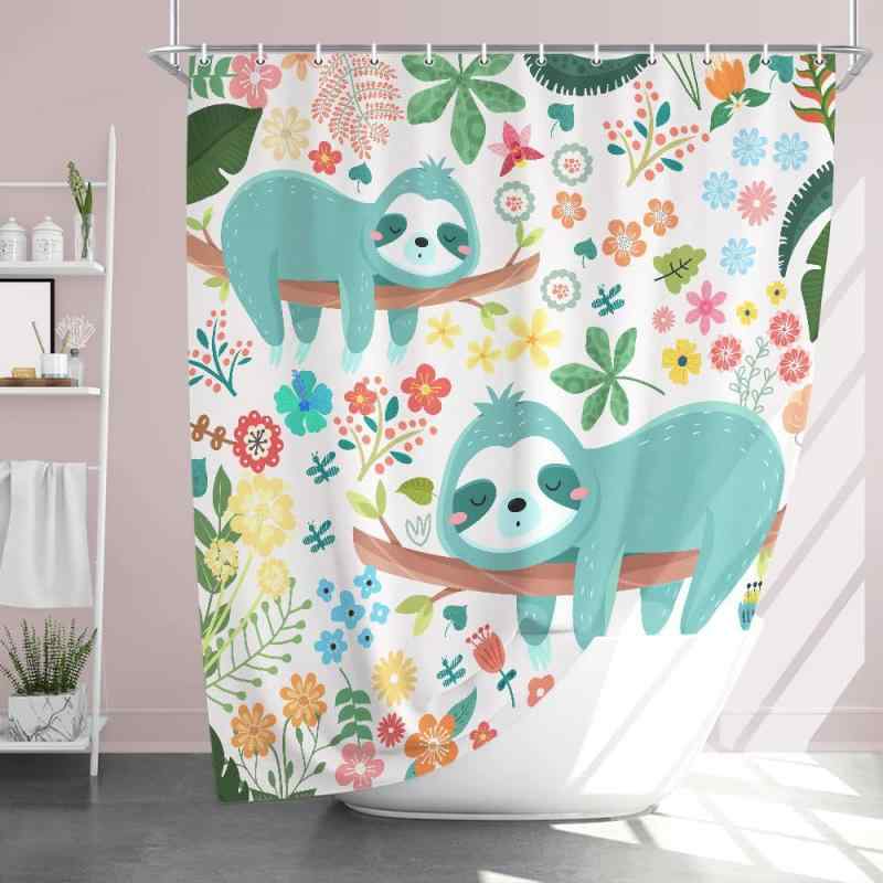 シャワーカーテン キッズ かわいい ナマケモノ カラフル 花柄 カートゥーンデザイン 撥水加工 ポリエス..