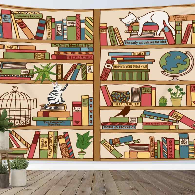 タペストリー 壁掛け 洗える ウォッシャブル おしゃれ 北欧風 レトロ 書棚柄 かわいい猫と本 緑の植物デザイン リビング 寝室 図書館 書斎 ポリエステル製 インテリア