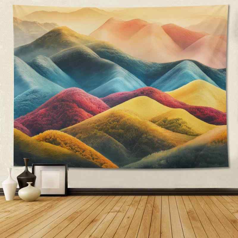 タペストリー 壁掛け 自然風景 山林 日没 夕焼け 山岳 カラフル 緑 黄色 ポリエステル製 ウォールデコレーション 癒し 部屋飾り 模様替え 寝室用 春秋