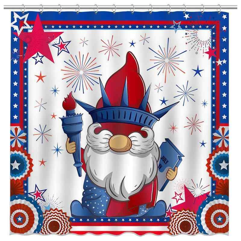 シャワーカーテン かわいい 小人ノーム 独立記念日 星条旗 アメリカン 赤青 ポップデザイン 防水 撥水 防カビ加工 フック付き ポリエステル製 バスルーム 浴室 お風呂 脱衣所 プライバシー保護