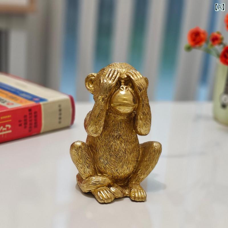 置物 ゴールド色 樹脂製 三猿 モンキー 見ざる 言わざる 聞かざる おしゃれ かわいい モダン シンプル インテリア リビング オフィス デスク 書斎 3体セット 飾り [2]