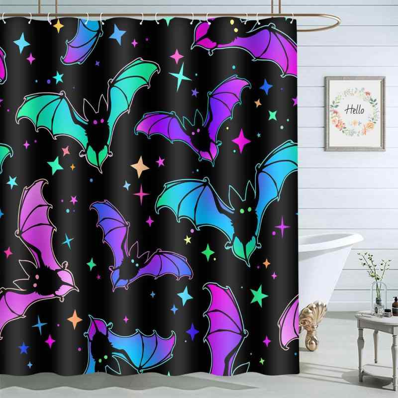 シャワーカーテン ハロウィン クモ コウモリ スパイダー バット 紫 青 パープル ブルー 防水 ポリエス..
