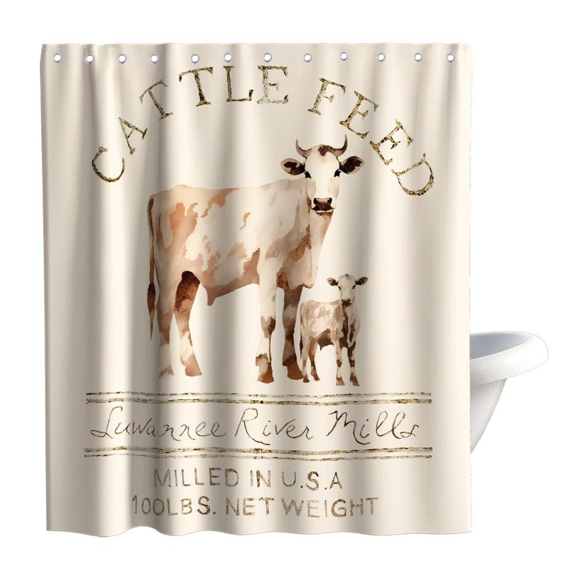 シャワーカーテン 牧場風 抽象牛柄 カントリーテーマ モダン シンプル 防水 防カビ 洗濯機対応 フック付き ポリエステル製 目隠し 間仕切り 浴室 バスルーム 脱衣所 おしゃれ セット
