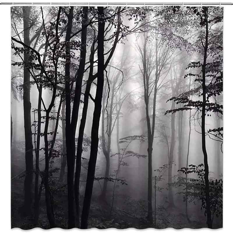 シャワーカーテン ポリエステル製 フック付き ハロウィン 霧の森 濃霧 白黒の木 農家風植物 秋 モダン シンプル モノクロデザイン バスルームデコレーションセ...