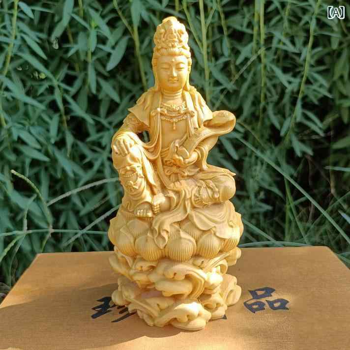 仏像 置物 黄楊木彫刻 蓮座 如意 観音菩薩 自在観音 丁寧な研磨仕上げ モダン中華風 リビング 玄関 仏間 インテリア 供養 縁起物 開運 福運 オブジェ [2]