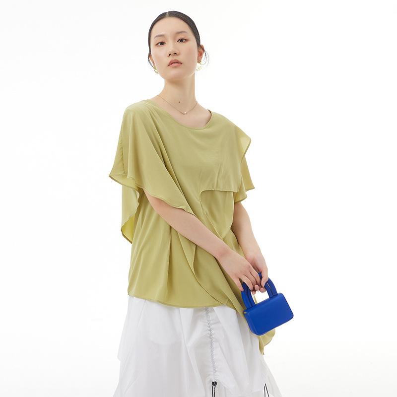 トップス レディース 大きいサイズ ゆったり アシンメトリー フェイクレイヤード 体型カバー オリジナルデザイン おしゃれ ポリエステル 丸首 ホワイト 春夏