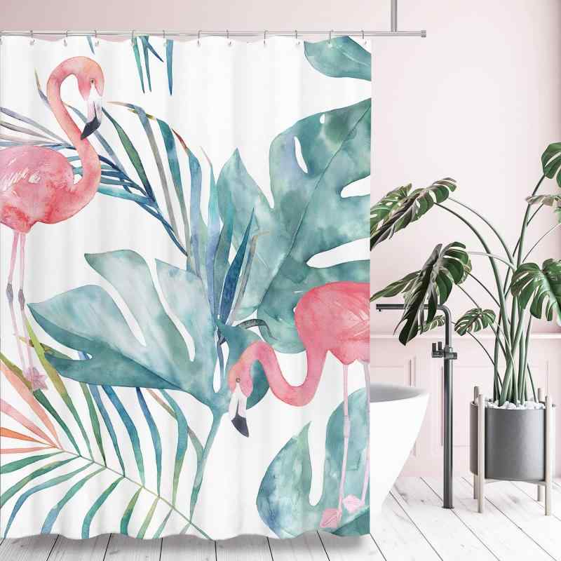シャワーカーテン 防水 ポリエステル モダン シンプル トロピカル ピンク フラミンゴ フック付き ター..