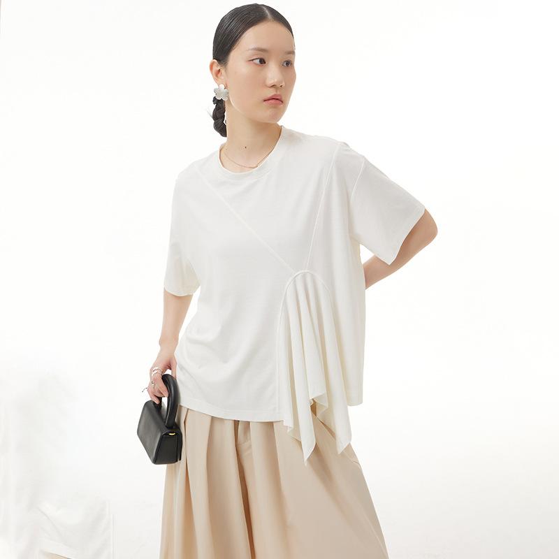 Tシャツ レディース プラスサイズ 曲線 切り替え デザイン トップス ゆったり 体型カバー 半袖 丸首 コットン 綿混 春夏 カジュアル ルーズ グリーン フリーサイズ 快適