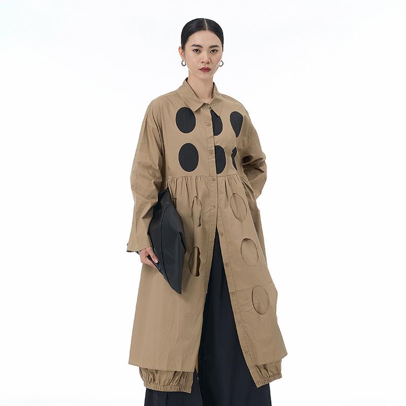 シャツワンピース レディース ドット柄 コットン 長袖 襟付き ロング丈 ゆったり 体型カバー 春夏 きれ..