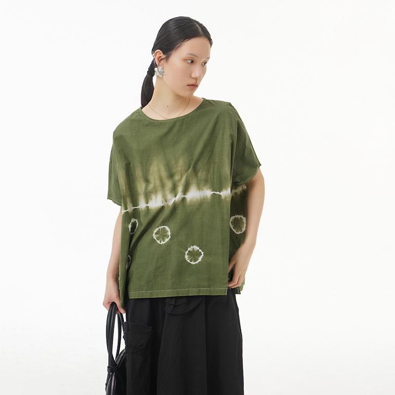 Tシャツ レディース 大きいサイズ ゆったり ビッグシルエット 着痩せ効果 タイダイ柄 手染め風 丸柄 半袖 クルーネック 綿 コットン ストリート系 カジュアル 春夏 グリーン