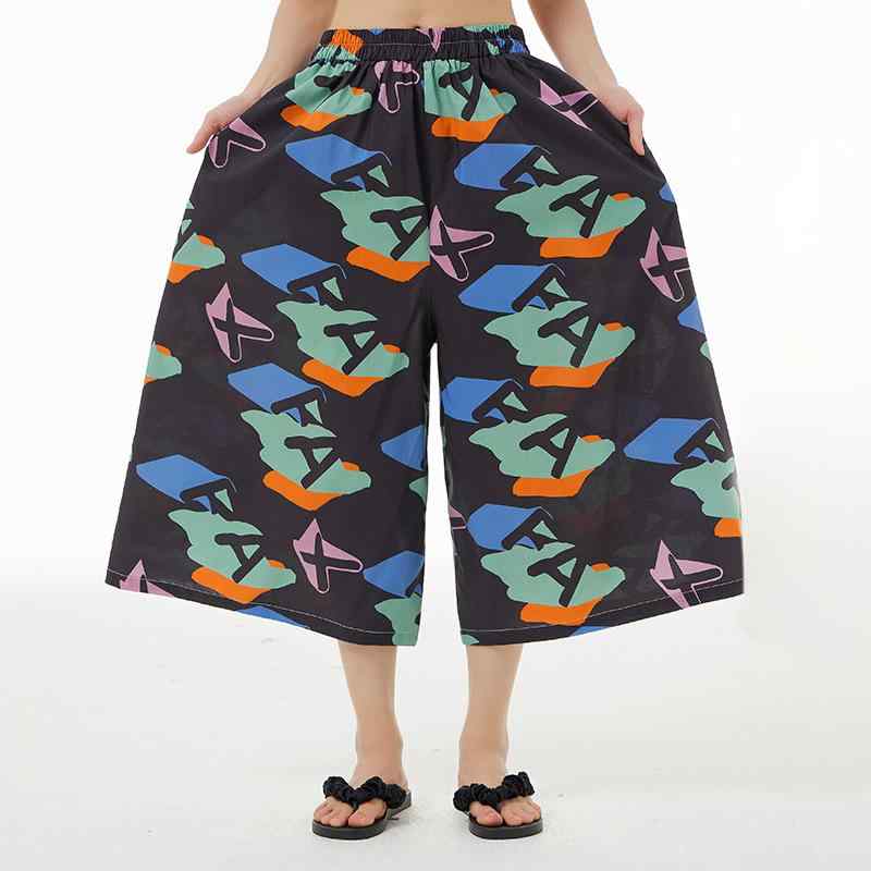 パンツ レディース 部屋着 ウエストゴム ゆったり 大きいサイズ 着痩せ 薄手 日韓風 ロゴプリント ワイド 七分丈 カジュアル コットン 春夏 ブラック 杏色