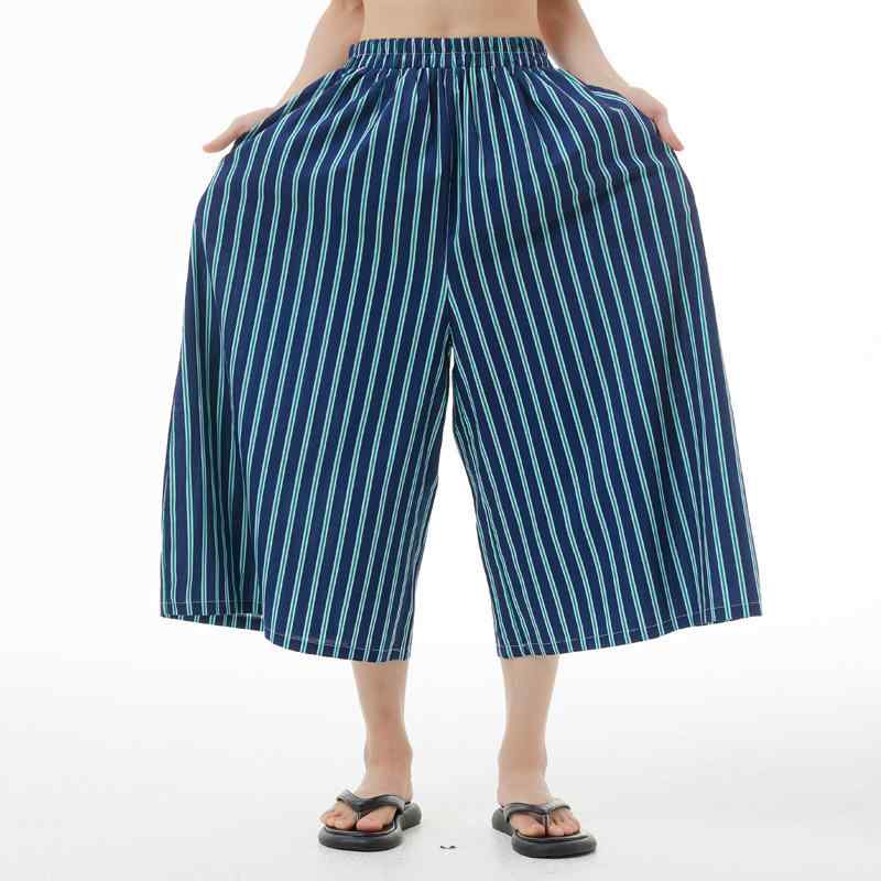 キュロットパンツ レディース 縦ストライプ ウエストゴム 薄手 綿素材 ゆったり ワイドシルエット 着痩せ 大きいサイズ 七分丈 韓国風 アイスカラー オレンジ