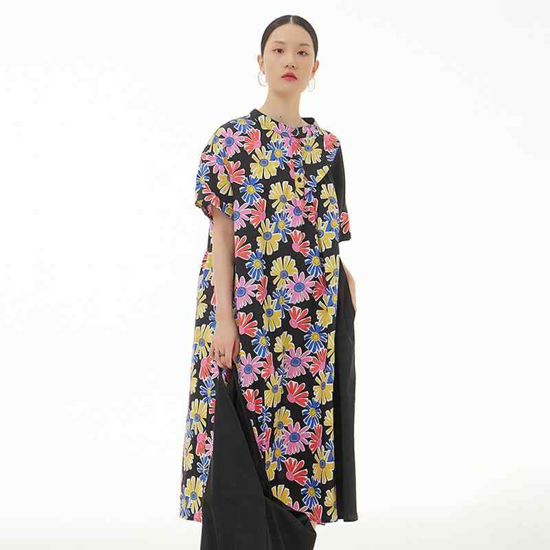 ワンピース レディース 大きいサイズ 春夏 体型カバー 着痩せ効果 花柄 レトロ ゆったり Aライン ロング丈 五分袖 スタンドカラー カジュアル ストリート系 コットンブレンド