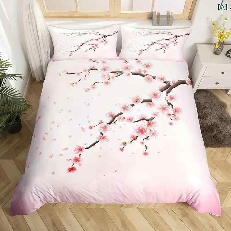 寝具 3点セット 掛け布団カバー ポリエステル製 高精細デジタルプリント ピンク 桜 植物 花柄 北欧風デザイン ベッド用品 [2]