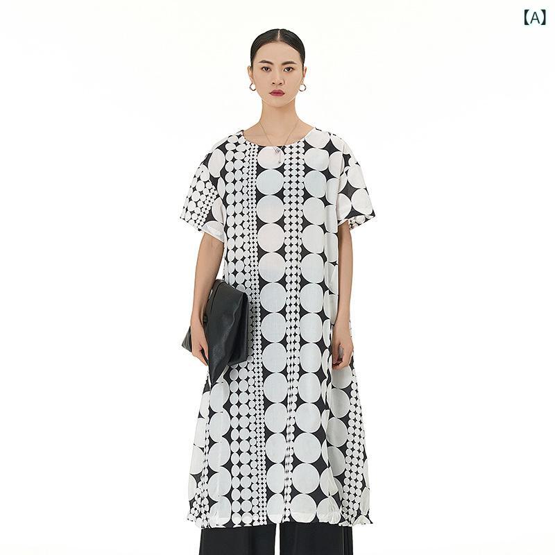 ワンピース レディース ゆったり 体型カバー Aライン デザイン裾 ドット柄 プリント 半袖 クルーネック ミディ丈 春夏 大きいサイズ プラスサイズ ポリエステル カジュアル ストリート ファッション ホワイト グレー