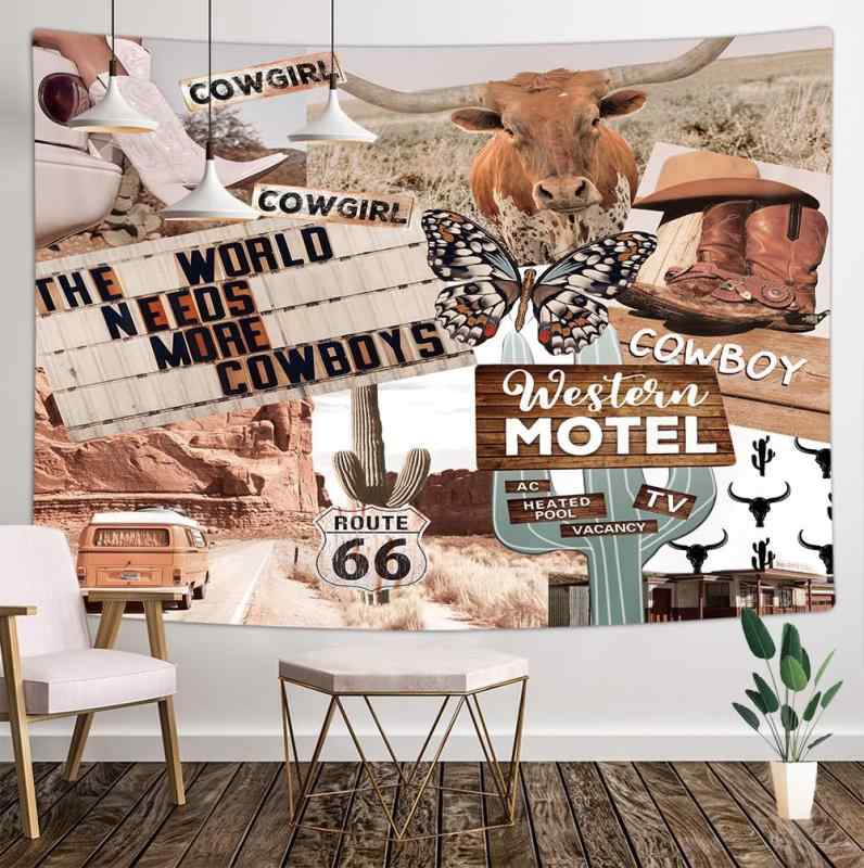タペストリー ウォッシャブル 高画質プリント ポリエステル製 レディース ウエスタン ボヘミアン カントリー ファームハウス風 牛 蝶 サボテン 砂漠 リビング 寝室 インテリア 壁掛け おしゃれ