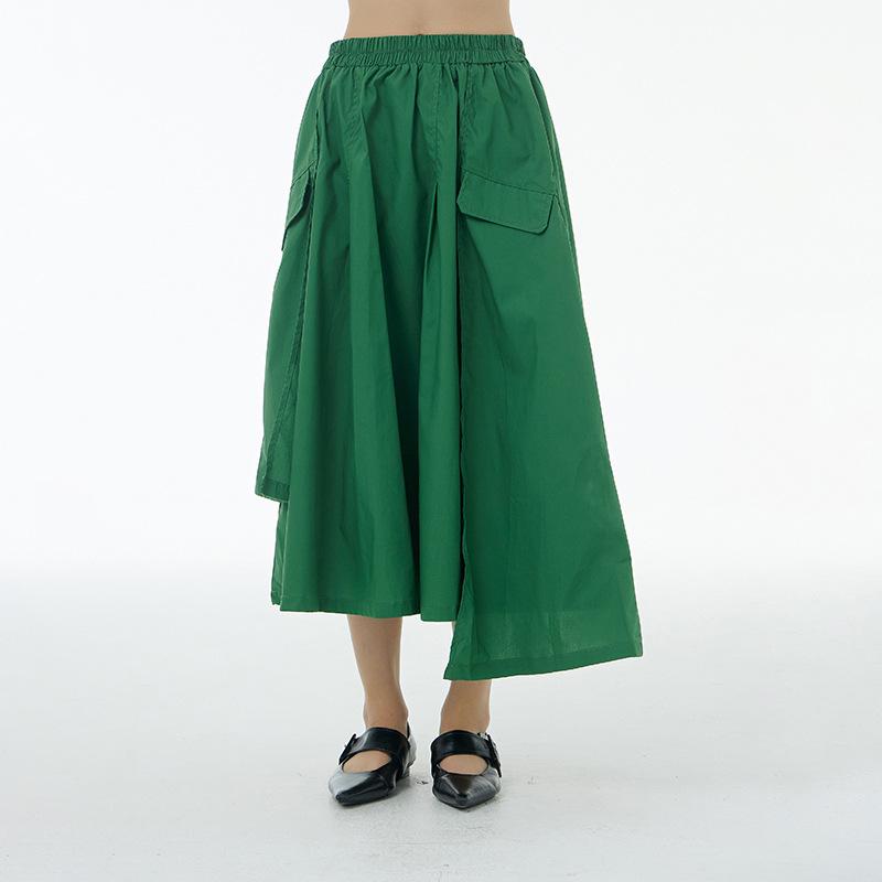 スカート レディース 大きいサイズ ゆったり 体型カバー 着痩せ スタイルアップ アシンメトリー 変形 フラップポケット付き 無地 綿100% カジュアル 普段使い 黒 緑