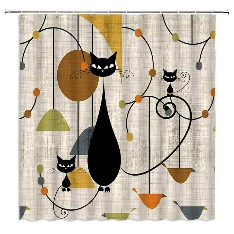 シャワーカーテン ミッドセンチュリーモダン ユニーク 黒猫 幾何学 ミニマル ボヘミアン レトロ ヴィンテージ デザイン おしゃれ バスルーム インテリア 目隠し 間仕切り ポリエステル製 セット