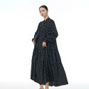 ワンピース レディース 大きいサイズ 体型カバー ゆったり ドット柄 ティアード 切り替え スタンドカラー 長袖 ミモレ丈 欧米風 カジュアル 春夏