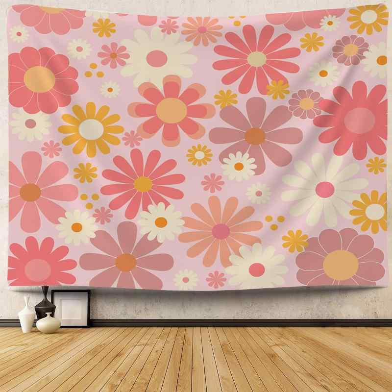 タペストリー パステルピンク デイジー 花柄 レトロ かわいい おしゃれ モダン 北欧風 カートゥーン ポ..