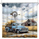 シャワーカーテン 撥水 防カビ ブルー ヴィンテージ クラシックカー ウッドバーン 風車 アメリカンカントリー ファーム 自然風景 フック付き セット