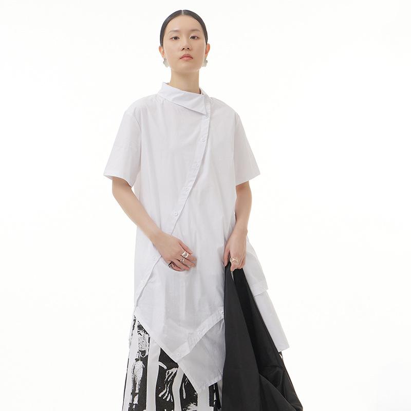 チュニック レディース ゆったり 着痩せ効果 大きいサイズ 斜め前開きデザイン ミドル丈 綿100% 無地 カジュアル 白 黒 春夏