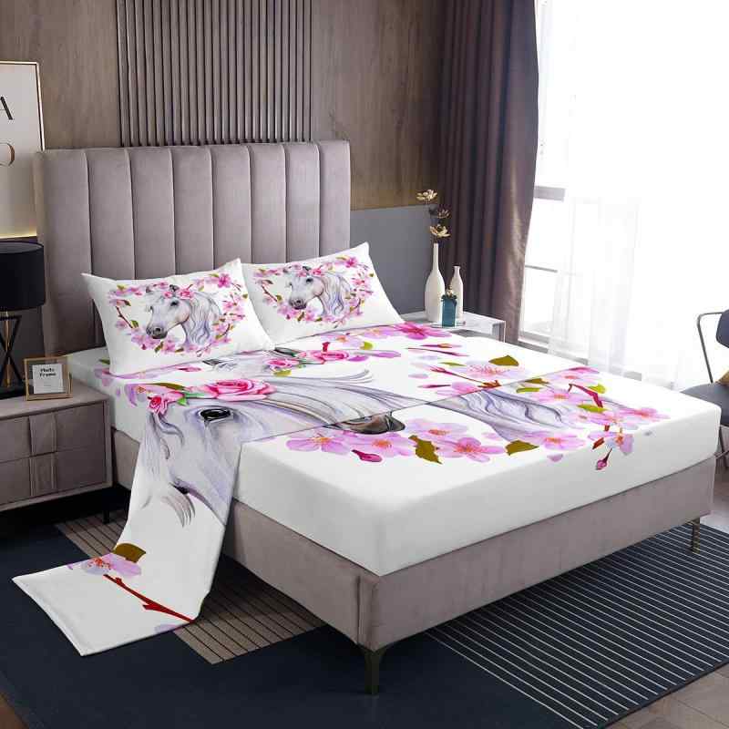 ボックスシーツ マイクロファイバー デジタルプリント 花柄 動物柄 馬柄 アメリカン 4点セット 寝具セ..