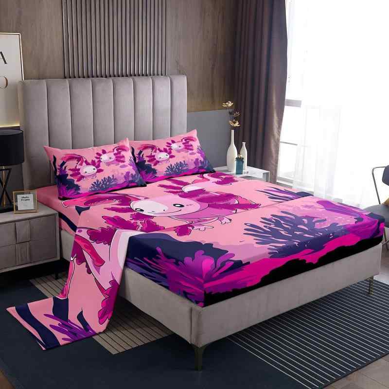 寝具 マイクロファイバー 柔らか ボックスシーツ ベッドシーツ 4点セット かわいい 海洋生物 イモリ サ..