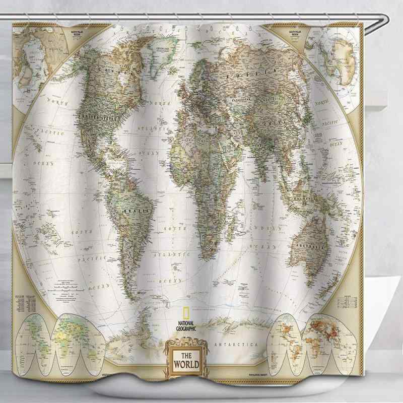 シャワーカーテン 防水 世界地図 地球儀柄 ヴィンテージ レトロ調 ポリエステル製 浴室 洗面所 バスル..