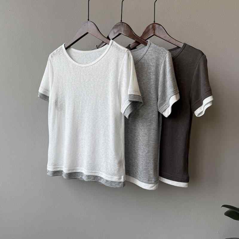 Tシャツ レディース 接触冷感 吸汗速乾 テンセル 肌に優しい ラウンドネック 配色切り替え フェイクレイヤード 重ね着風 半袖 ゆったり オーバーサイズ 韓国風 カジュアル 普段着 部屋着 春夏