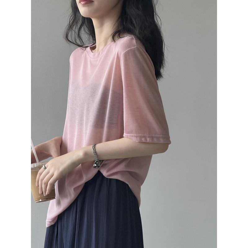 Tシャツ レディース 韓国ファッション カジュアル ゆったり ルーズシルエット 五分袖 ラウンドネック シンプル プルオーバー 速乾 軽量 肌触り良い 体型カバー 無地 春夏