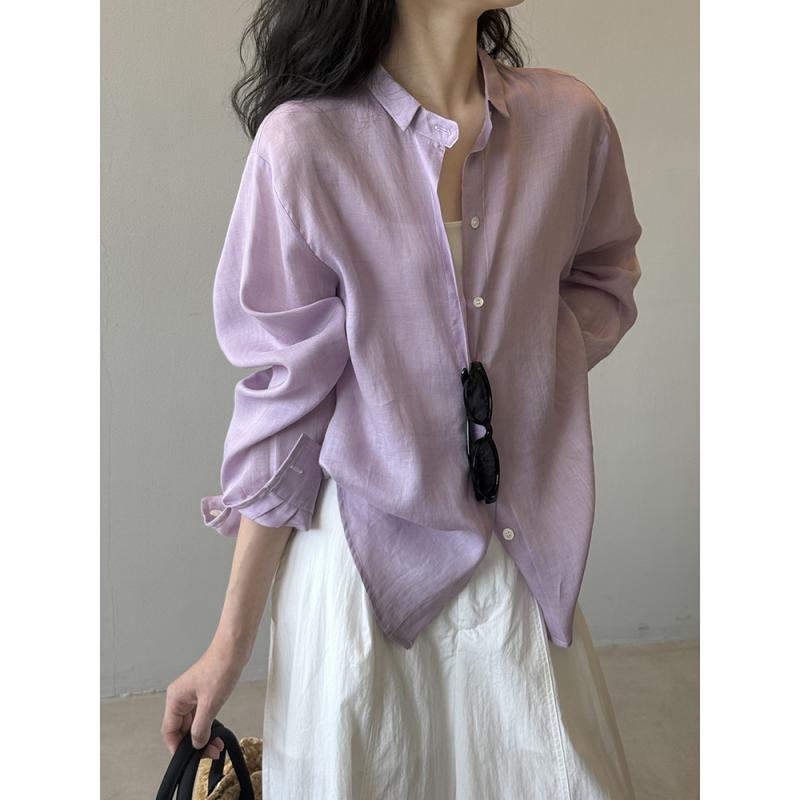 シャツ レディース UVカット 接触冷感 吸汗速乾 テンセル ラミー素材 襟付き 長袖 ゆったり 体型カバー 着痩せ効果 配色切り替え カジュアル 通勤 オフィス ブラウス