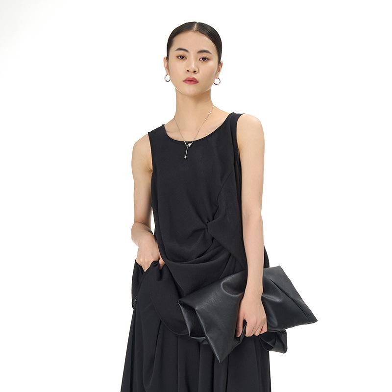 ノースリーブ レディース 韓国風 エレガント ギャザー プリーツ ゆったり 体型カバー 無地 コットン トップス プルオーバー 春夏 大きいサイズ 黒色 カジュアル