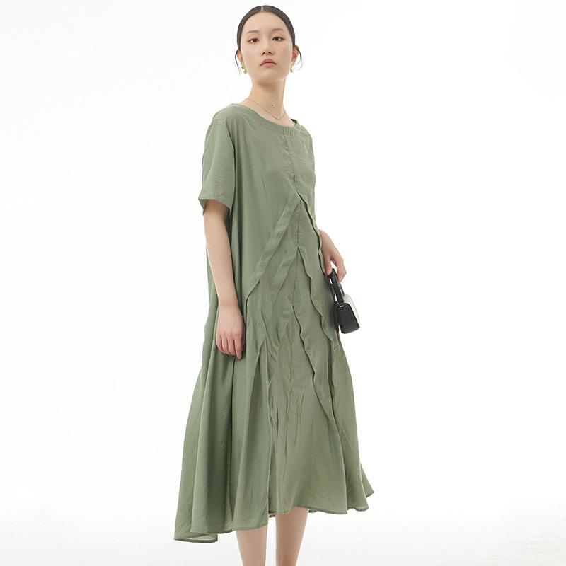 ワンピース レディース 大きいサイズ ゆったり らくちん 着痩せ 体型カバー Aライン フレア 無地 ラウンドネック 半袖 ロング丈 マキシ丈 ポリエステル素材 ピンク 日系カジュアル フリーサイズ